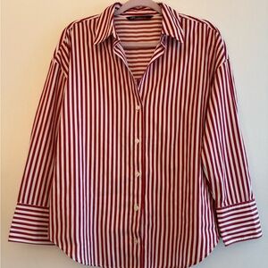 Zara Button-down Collared Red and White Long Sleeve Blouse